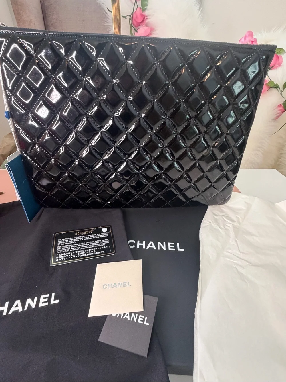 CHANEL Black Patent Quilted Pouch with Silver CC Accent